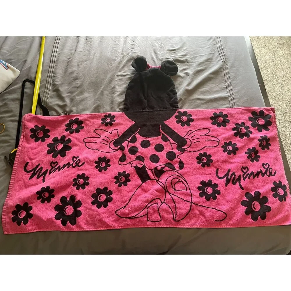 Disney Minnie Mouse Pink/Black Hooded Towel with Ears, Bow & Floral Print